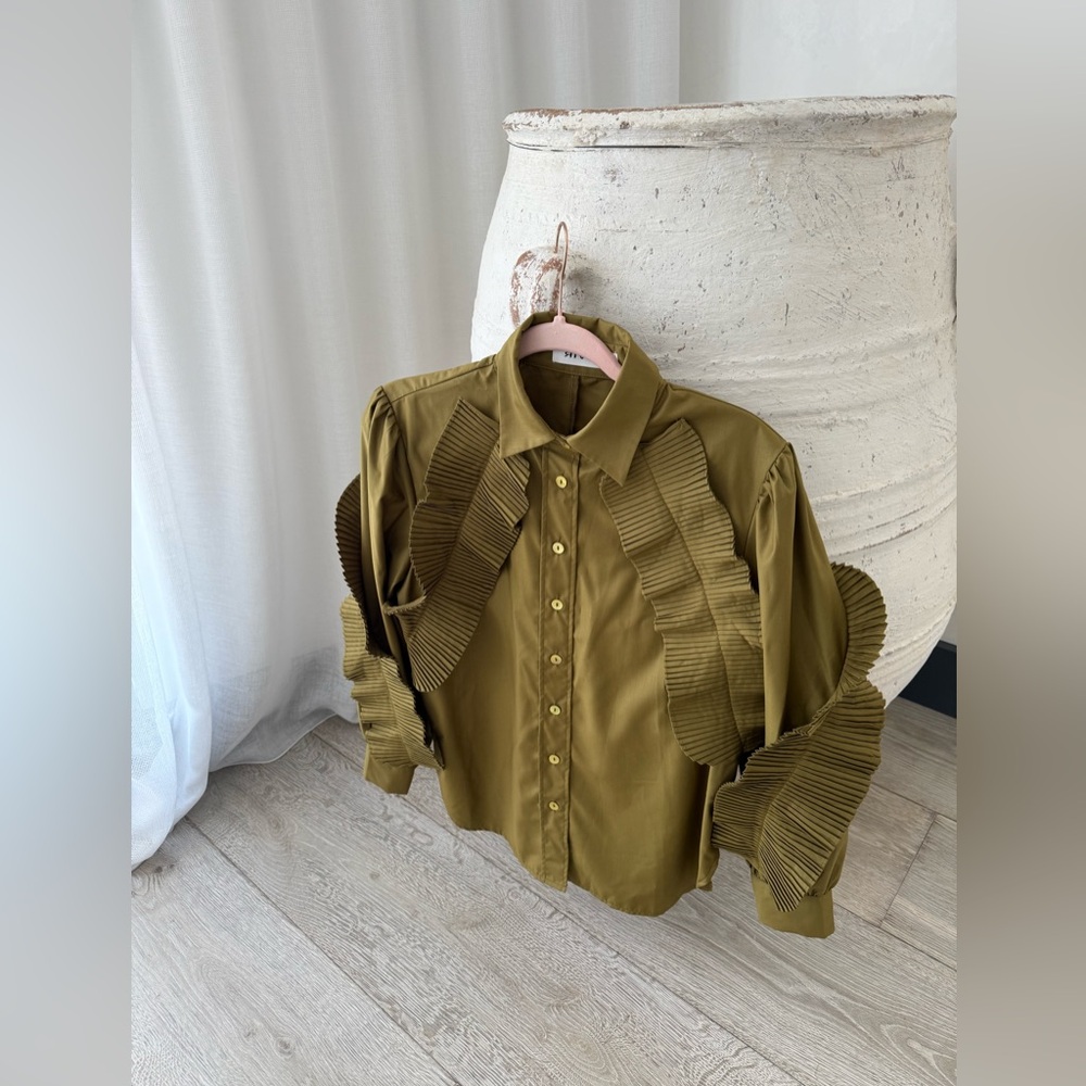 Pleated Detail Olive Green Button-Down Shirt - Picture 4 of 11